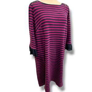 Size 1X Talbots Plus Size Womens Knit Dress Striped Magenta Navy Ruffle Sleeve
